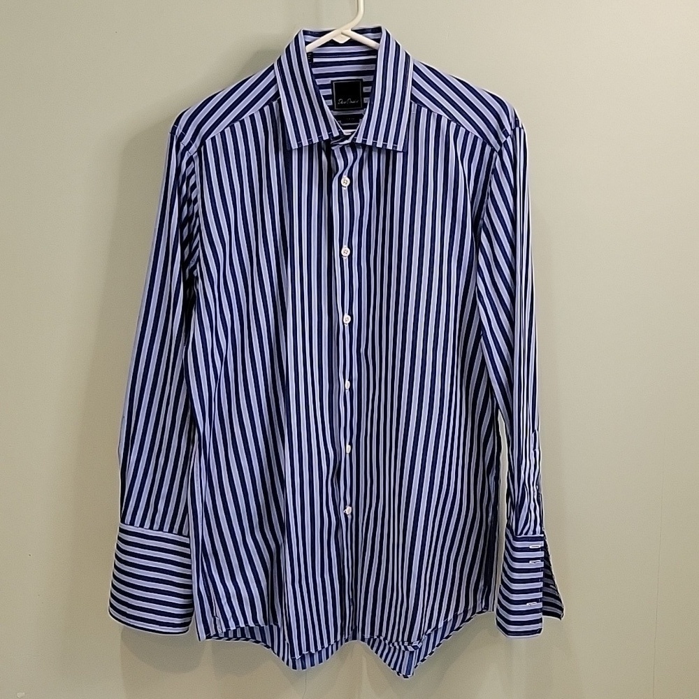 DAVID DONAHUE blue striped button-down dress shirt. French cuffs. 17 32/33